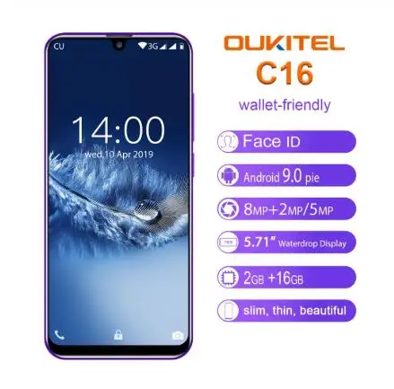 OUKITEL C16 смартфон 5 71 '✙:9 экран водослива Android 9 0 2 Гб 16 отпечаток пальца лица ID 2600