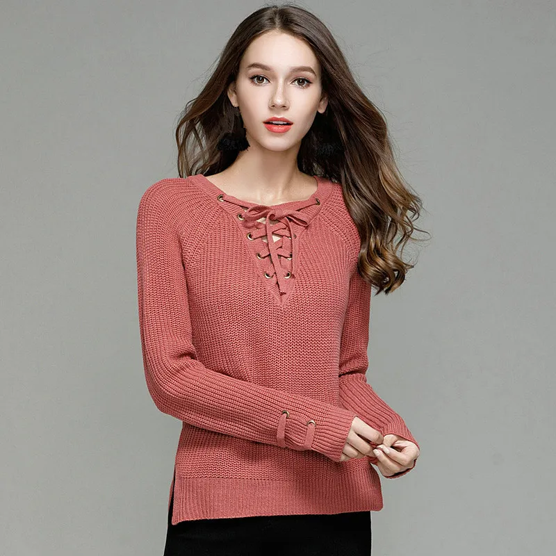 Girls Autumn Thin Knitted Top Ladies Fashion Spring V-neck Long Sleeve Lace Up Big Size Red Wine Sweater Pullover Women Knitwear | Женская