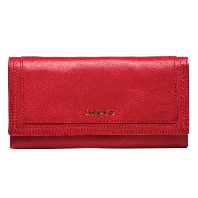 Contact's Fashion Women Wallets With Card Holder Genuine Leather Long Clutch Brand Design Female Coin Purses Cell Phone Pocket - Цвет: Red