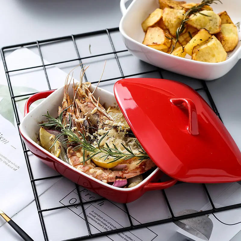 

Baking Tray Ceramic Cheese Baking Dish with Lid Microwave Oven Western Dish Oven Special Creative Dish Household Baking Bowl