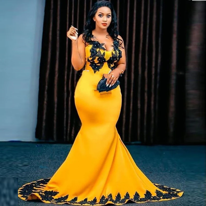 

Golden Yellow Evening Dress Mermaid Plus Size Prom Dresses Applique abiye robe de soiree longue Modest Evening Formal Gowns
