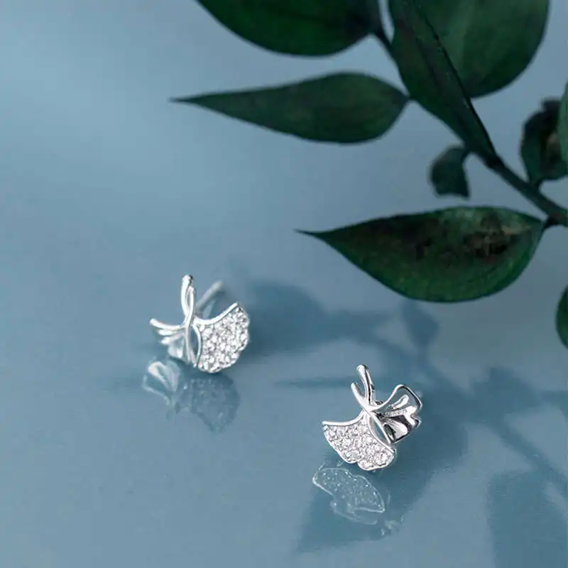 

PONYKISS Real 925 Sterling Silver Ginkgo Leaf Zircon Stud Earrings Women Party Delicate Lovely Accessory For Girl Chic Cute Gift