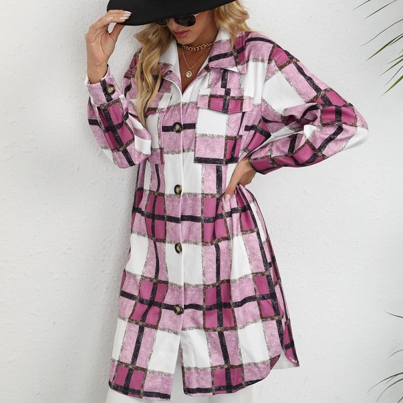 

Women Coats Checked Shirt Coats Autumn Winter Woolen Blends Warm Long Plaid Coats Female Elegant Retro Casual Oversize Jackets