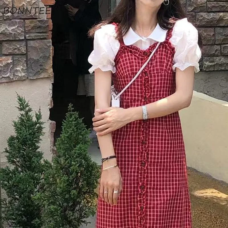 

Платье женское клетчатое средней длины, однобортное повседневное классическое в Корейском стиле, в клетку, в стиле ампир бойфренд, на лето