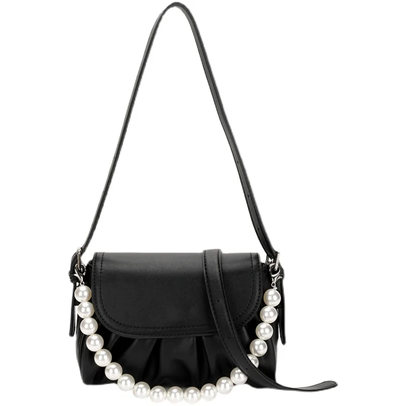 

Ins Elegant Armpit Sling Handbags Black Women PU Leather Pearl Chain Shoulder Bags Simple Shoulder Messenger Bags For Women
