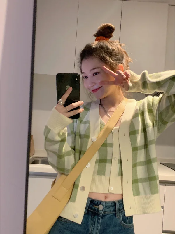 Миланский клетчатый вязаный жилет на бретельках в стиле преппи свитер кардиган