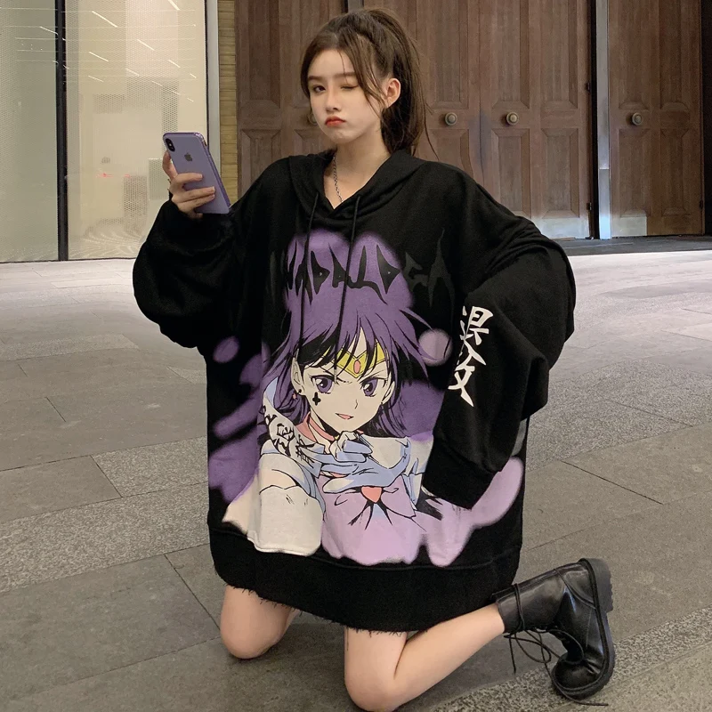 

Anime Print Women Sweatshirt Pullover Top Japanese Cute Girl Cartoon Hooded Jacket Women Long Sleeve Oversized Women Streetwear