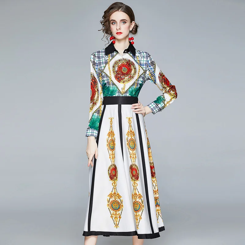 

Autumn Long Sleeve Big Shirt Dress Printed Vintage Contrast Color Large Swing High Waist Long Sleeve Turn-down Collar Midi Dress