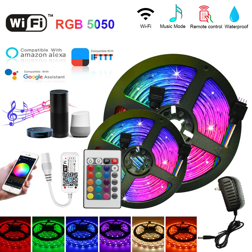 

Smart WIFI LED Strip Light RGB 5050 Waterproof 2835 Tape Diode LED Lights with Alexa WIFI Controller Neon Ribbon DC 12V Adapter