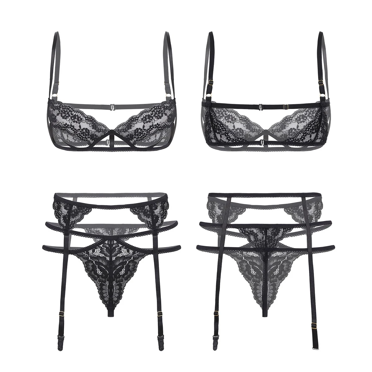

Womens Lace Sissy Lingerie Suit Shoulder Strap Underwired Unlined Bra with Strappy G-string Underwear Panties Garter Belt