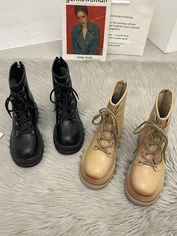 

2021 New Mid Calf Boots Women Autumn Winter Fashion Lace-up Zipper Botas Mujer Boots Sports Platform Heel Ladies Shoes