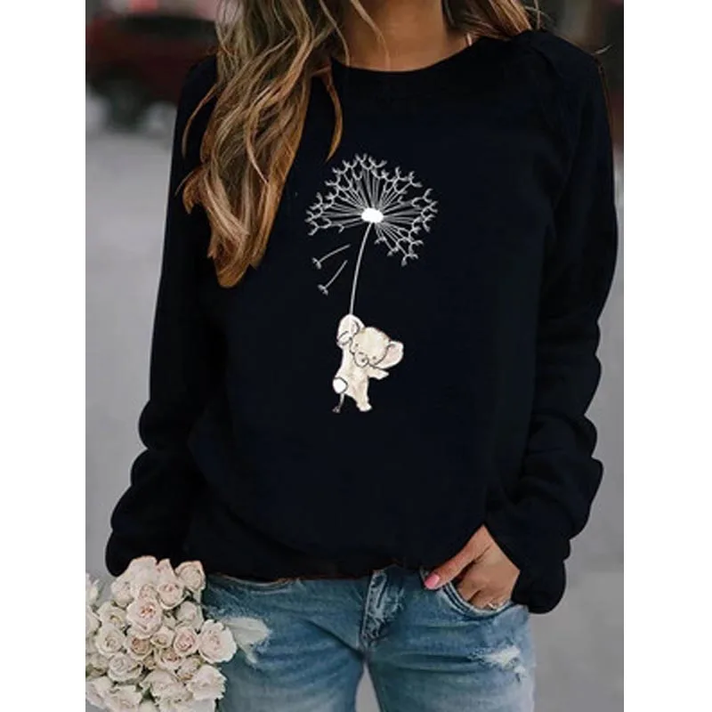 

Свитер с изображением одуванчика и слона, осень и зима 2021, универсальные Топы без пальцев с принтом, Повседневная футболка с круглым вырезом...