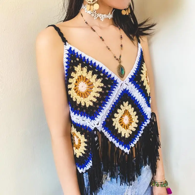 Кроп-Топ женский винтажный вязаный крючком топ с радужными цветами пикантная