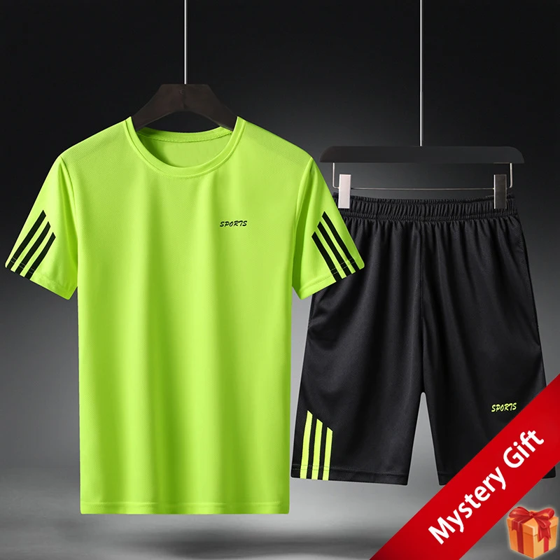 

Футболка мужская быстросохнущая, топ с коротким рукавом и шорты для фитнеса и бега, комплект из двух предметов, повседневная спортивная оде...
