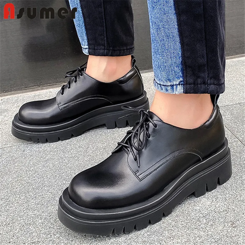 

Asumer Hot Sale Flat Platform Shoes Women Spring Summer Punk Casual Shoes Round Toe Fashion Cool Genuine Leather Shoes Women