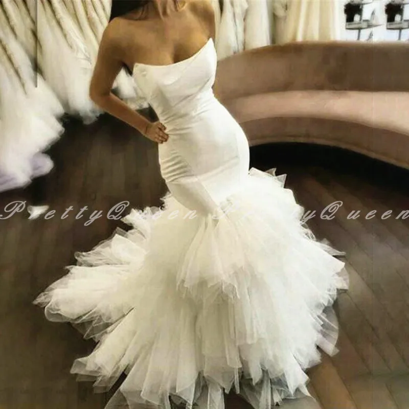 

Vintage Tiered Mermaid Wedding Dress 2020 White Tulle Long Sweep Train Strapless Vestido De Novia Bridal Dresses Gown