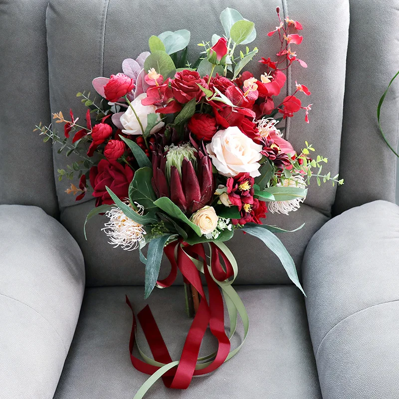 Vintage Dark Red Silk Flowers Protea cynaroides Wedding Bouquets Artificial Rose Bridal Bridesmaid Bouquet Accessories | Дом и сад