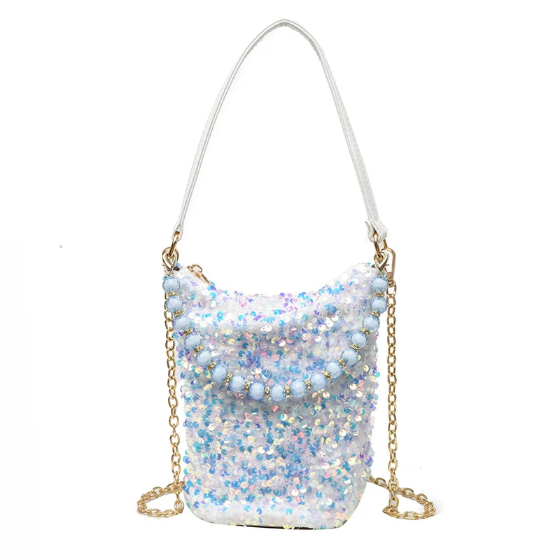 

Sparkling Sequin Large Capacity Bucket Lady‘s Bag Women's Fashion Chain Shoulder Messenger Armpit Bag Portable Pearl Handbag