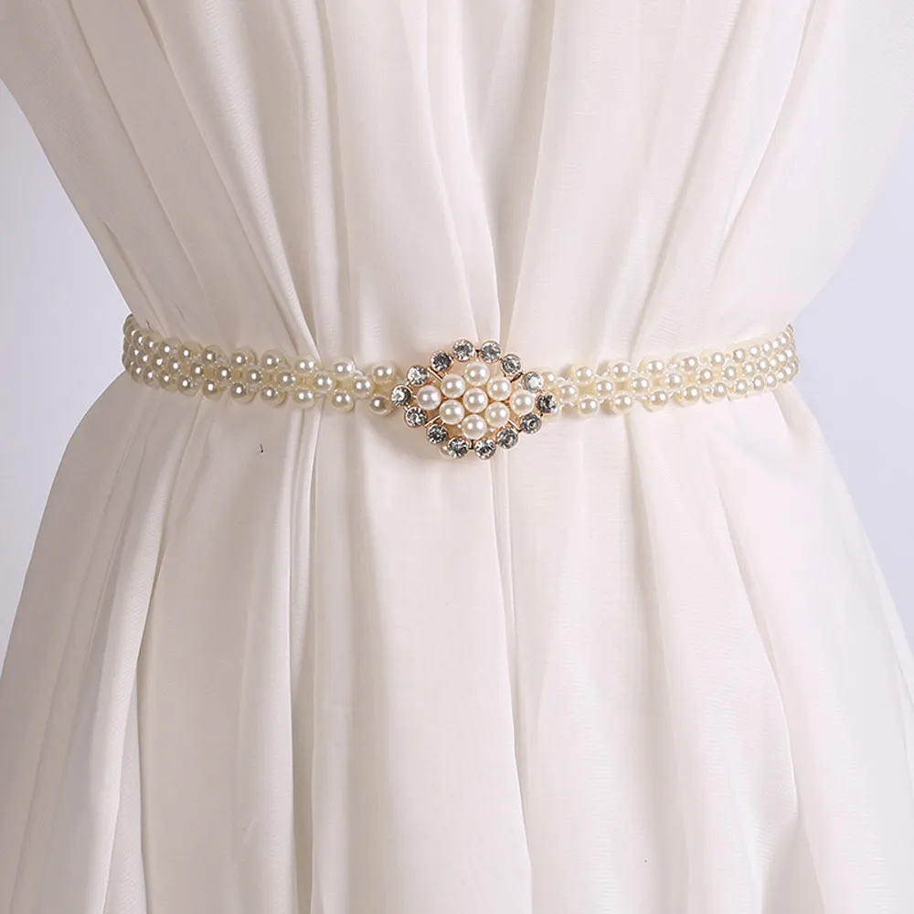 Элегантный женский пояс с жемчугом эластичный пряжкой и жемчужной цепочкой для