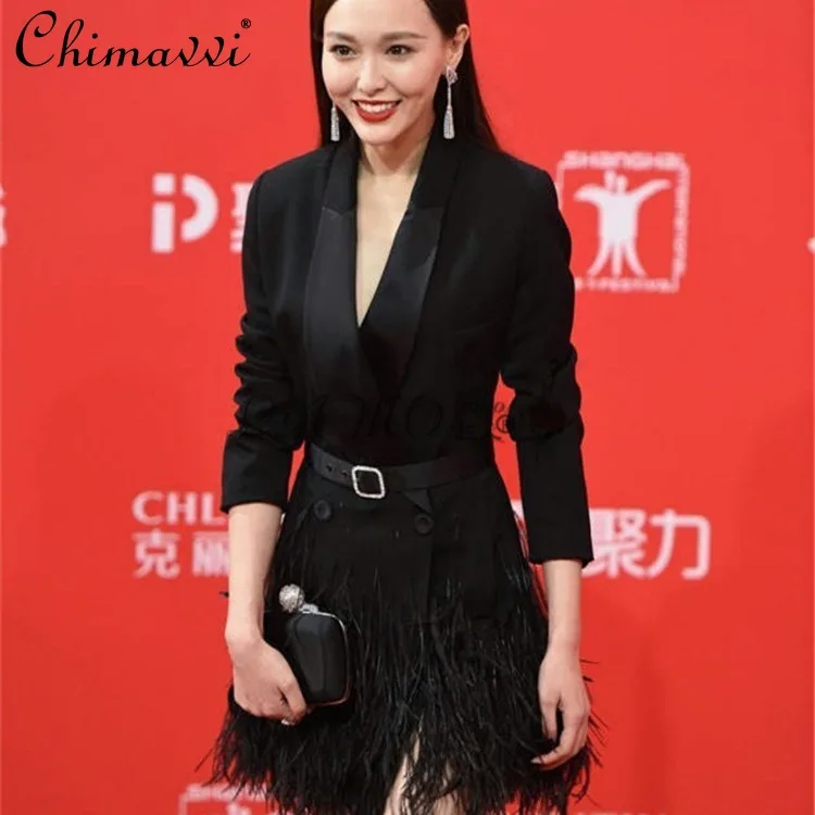 

2020 Autumn Women Clothing Korean Fashion Tailored Collar Long Sleeve Elegant Dress High-End Slim Black Trench Coat Mid-Length