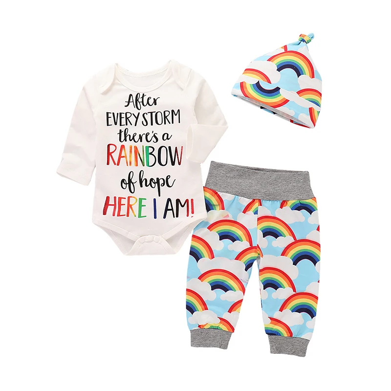 Newborn Rainbow Baby Romper Infant Baby Girls Boys Clothes Long Sleeve  Jumpsuit Rainbow Letter Print Outfits Set