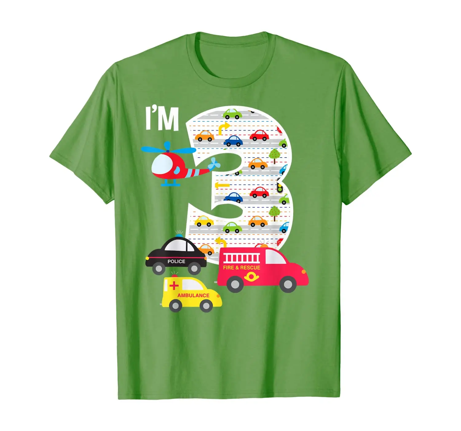 

3rd Birthday Fire Truck Police Car 3 Year Old Boys T-Shirt