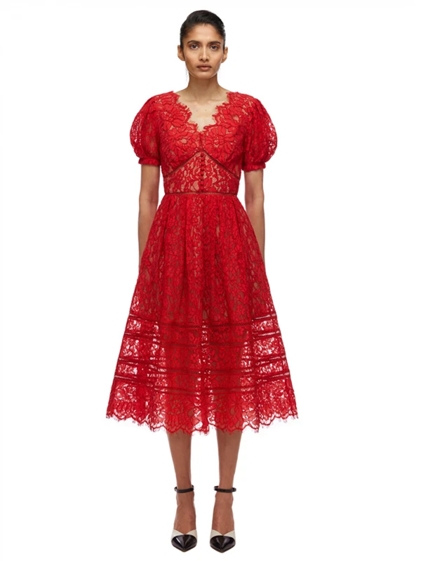 Женское кружеввечерние платье-миди с V-образным вырезом и буффами - купить по