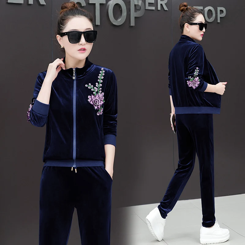 

Velvet tracksuit for women 2020 spring female large size flower embroidery jacket+t-shirt+pants suits women three-piece sets