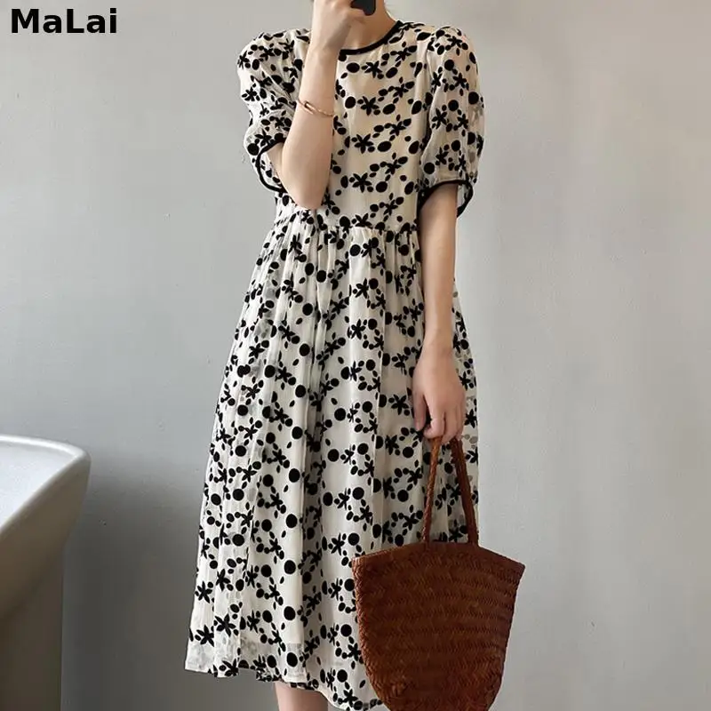 

Шифоновое цельное платье Большие размеры Элегантное летнее платье в стиле ретро с круглым вырезом с цветочным принтом с пышными рукавами для женщин в горошек с коротким рукавом; Платья трапециевидной формы; Vestidos