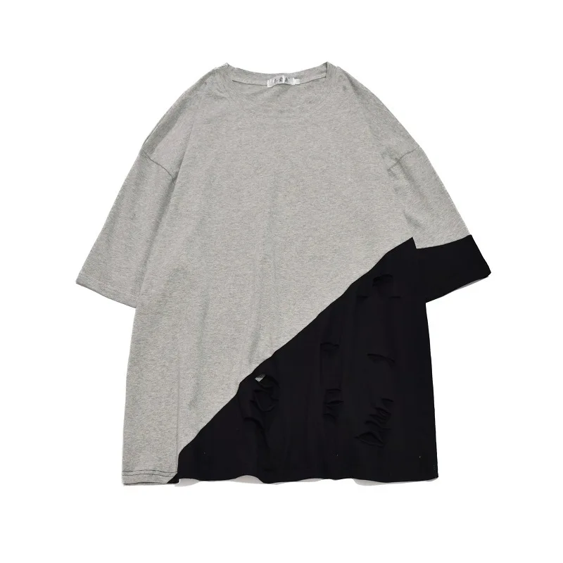 

Summer Fake Two-Piece Shirt Short Half Sleeve T Shirt For Men With Hole Fashion Black Gray Top Casual Loose Tee Clothes