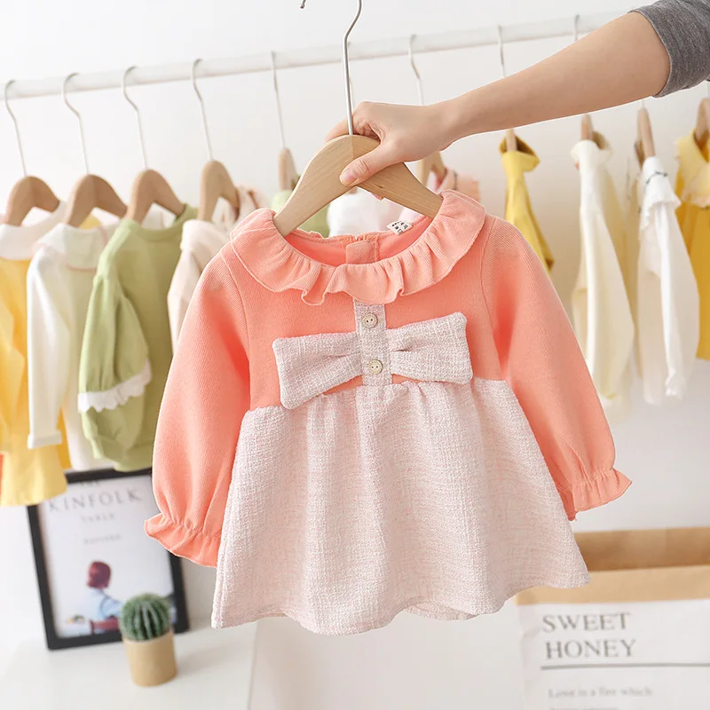 Весеннее плиссированное платье пачка с длинным рукавом и бантом для маленьких