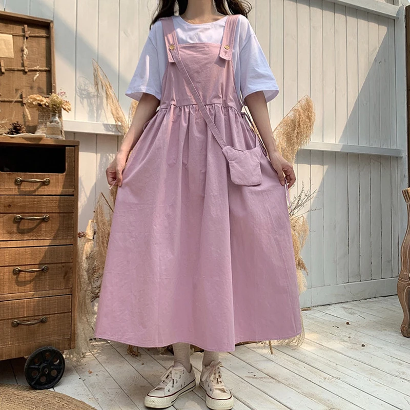 

Japanese Sweet Cute Sling Dress Female Solid 2-Piece Set All-Match White Short-Sleeved Tee Shirt Kawaii Summer Women's Suit