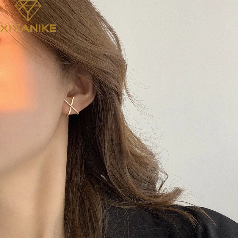 XIYANIKE Silver Color  X Shape Cross Zircon Stud Earrings Female All-match Simple Unique Design Charm Jewelry Couple Gift