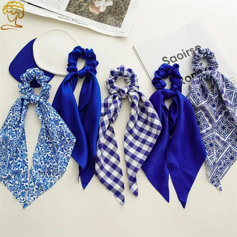 Fashion Blue Bow Scrunchies Hair Ribbon for Women Ponytail Scarf Sweet Elastic Hair Band Girls Hair Ties Hair Accessories Gifts