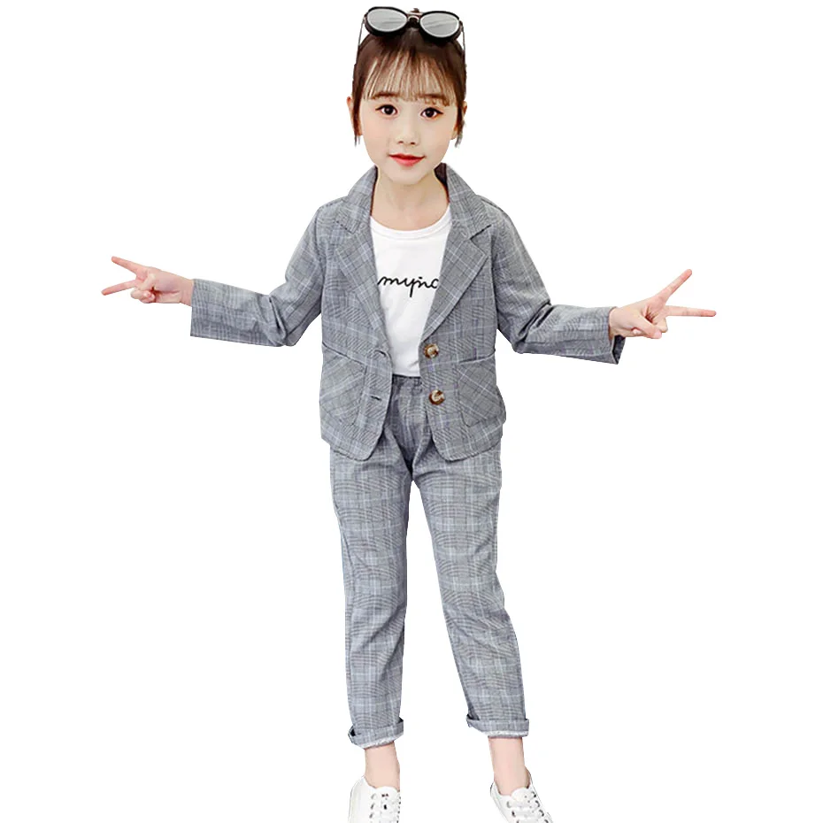 2 шт. клетчатый пиджак и брюки для девочек|Комплекты одежды девочек| |