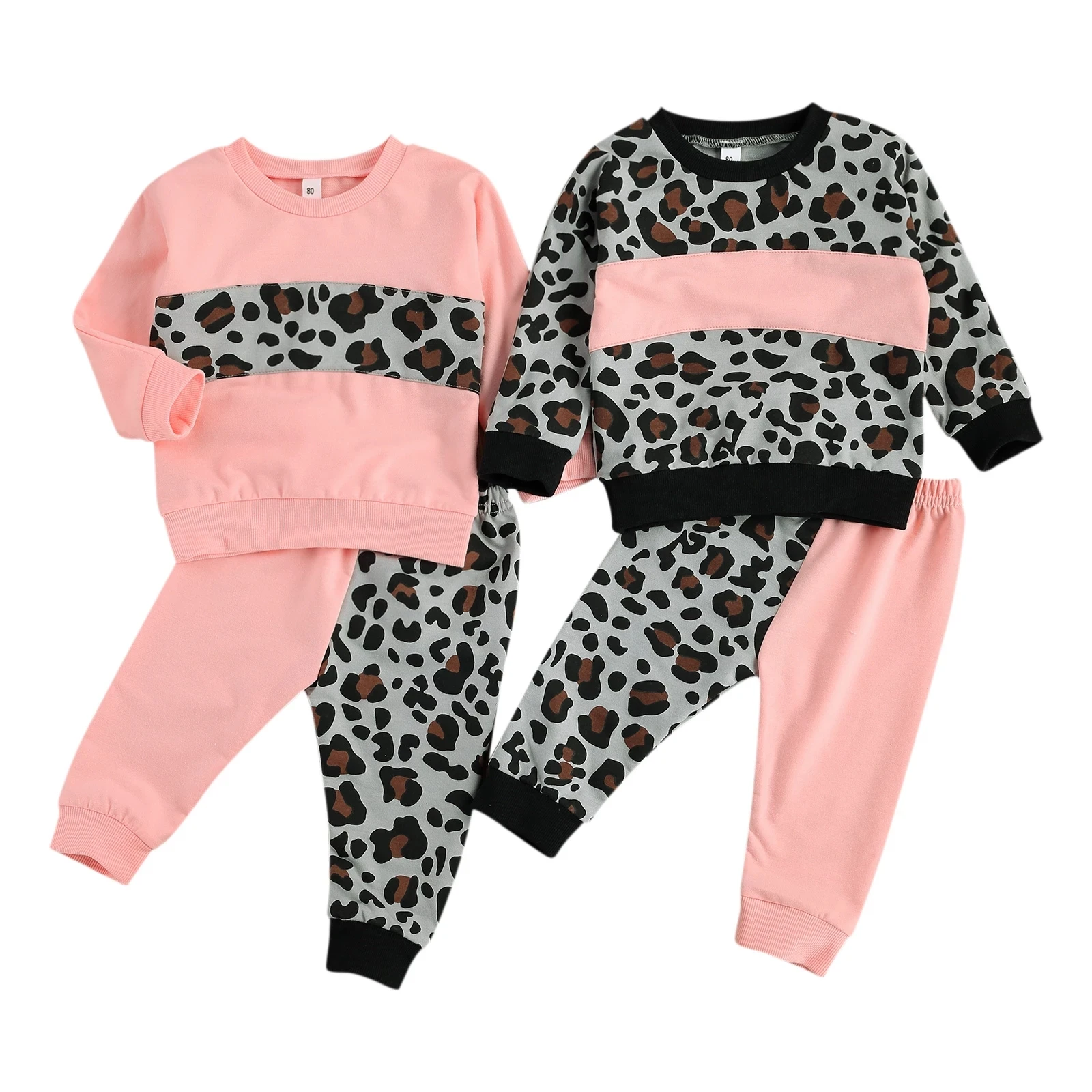 

Girl's Two Piece Set Children's Leopard Printed Color Block Crew Neck Long Sleeve Pullover Pants Set for Infants
