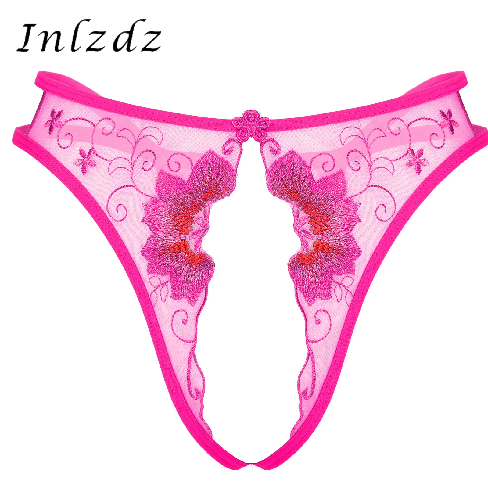 

Womens Lingerie Crotchless Panties See-through Underwear Mesh Embroidered Thongs Briefs Low Waist G-string T-back Underoants