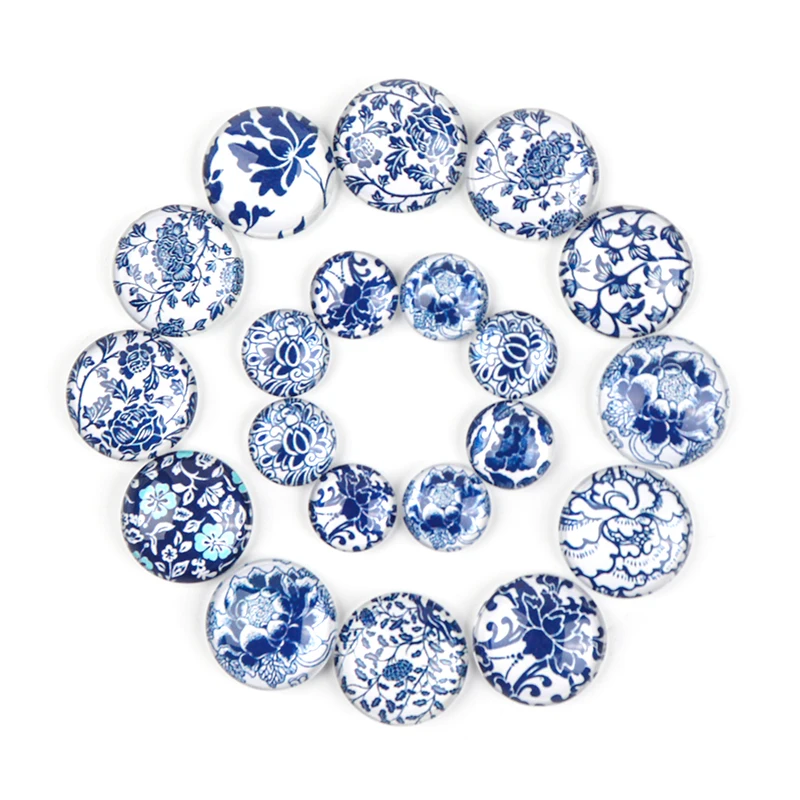 

10/12/18/20/25mm Mixed Blue and white Porcelain Flower Round Glass Cabochons Flatback Photo Cabochon Cameo Dome Handmade Jewelry