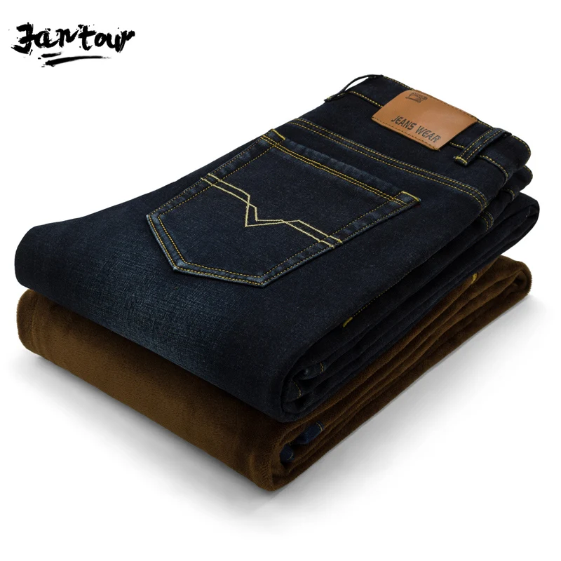 

Зимние мужские теплые флисовые джинсы, Стрейчевые повседневные Прямые плотные джинсовые фланелевые джинсы, мягкие флокированные штаны, бр...