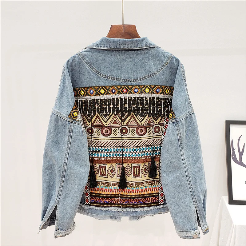 

Boho Style Embroidery Tassel Denim Jacket Coat Women Spring Autumn Loose Long Sleeve Outerwear Vintage Blue Jeans Jacket Female