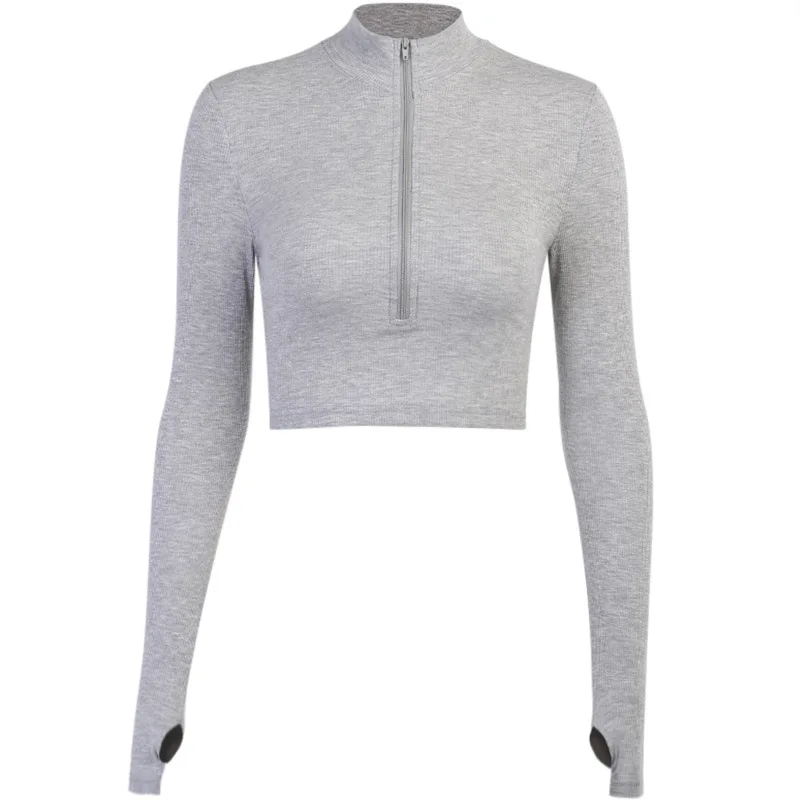 

Gray Summer T Shirt Women Casual Womens Tee Shirts High-neck Sexy Half Open Collar Slim Long Sleeve T-shirt Ladies Club Womens