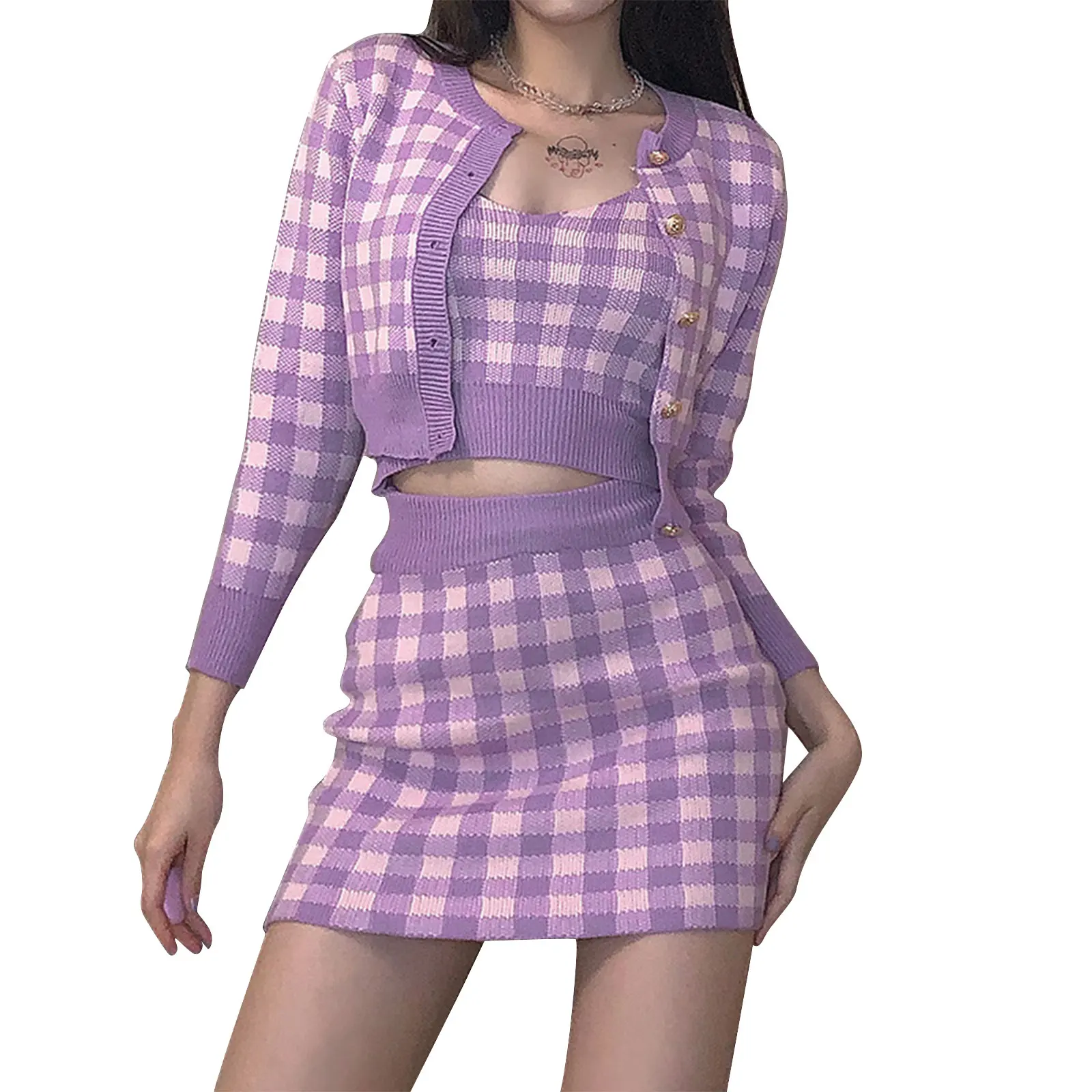 

New Women's Breathable Leisure Suit Women's Autumn Plaid Long Sleeve Single Breasted Knitted Top+Skirt+Vest