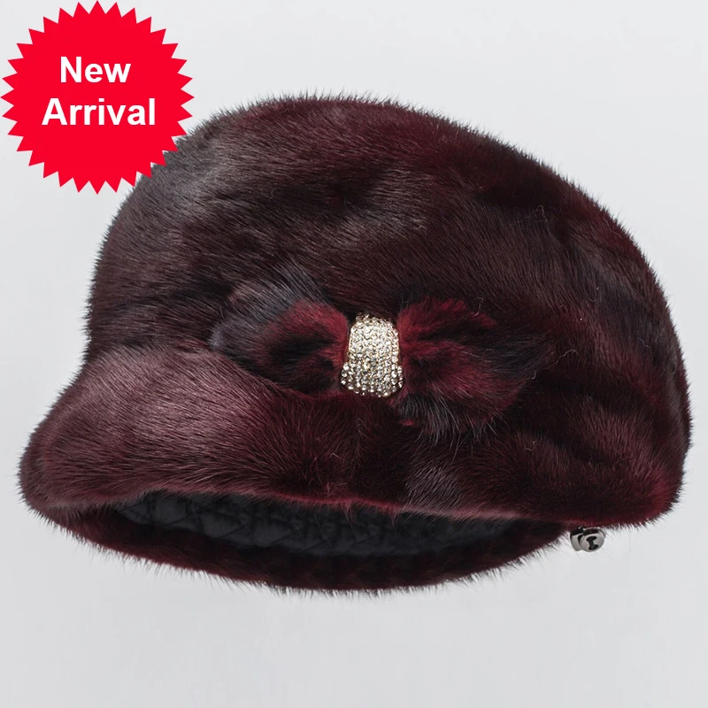 

Новая женская шапка HF7047 из натурального меха норки, шапки, шапки, винно-красные зимние шапки