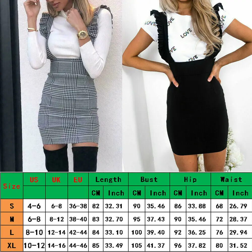 

Women Bodycon Dress Check Dog Tooth Frill Ruffle Pinafore High Waist Party Mini Dress Holiday Casual Slim Dress vestidos
