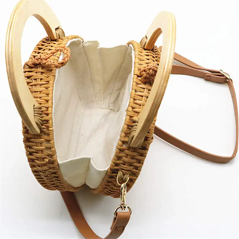 

2021 fashion Wooden Handle Rattan Knit Bag Camel white New Straw Bag Shoulder Messenger bag Women Summer Beach Bags