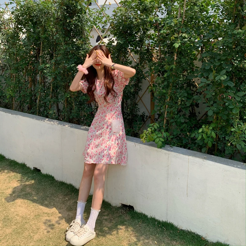 

Heliar Women Floral Printed Pink Dress A-line Sweet Dress O-neck Short Sleeve One Piece Cute Casual Dress For Women Summer