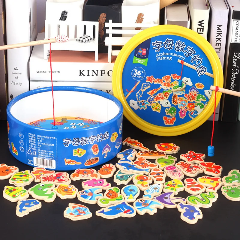 

New Hot 41pcs Fish Wooden Fishing Toy Magnetic Baby Digital Alphabet Educational Toys for Children Puzzle Game Outdoor Play Set