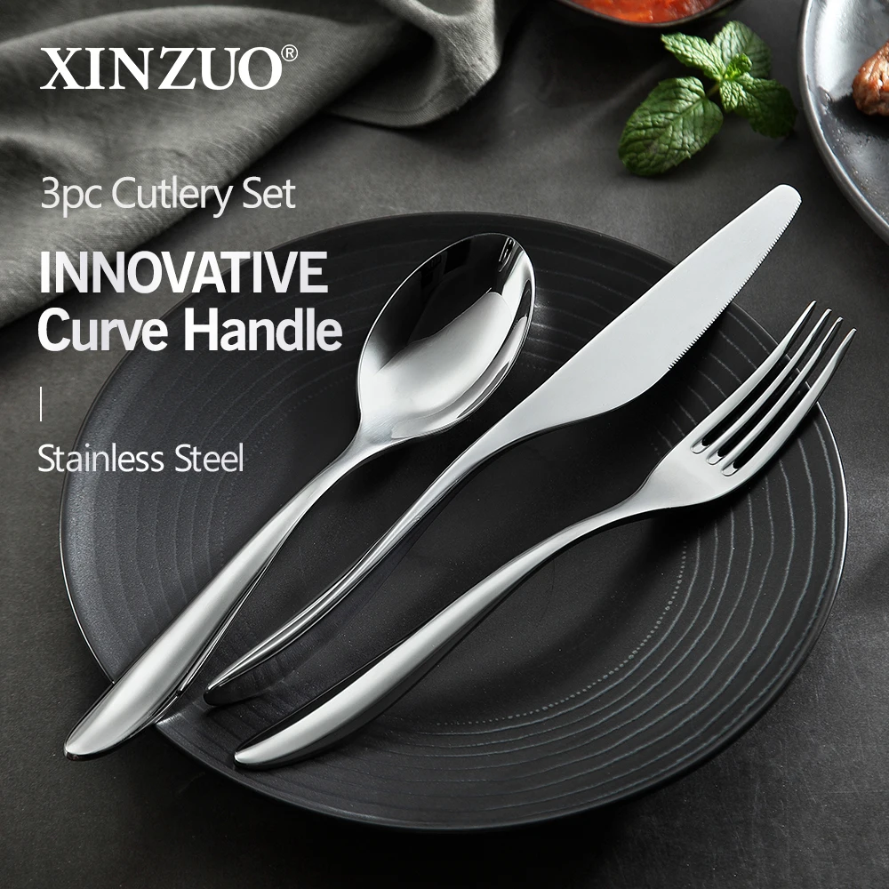 

XINZUO 3pcs/lot Food Cutlery Stainless Steel Table Knife Spoon Fork Dinner Set Dinnerware Tableware Sets