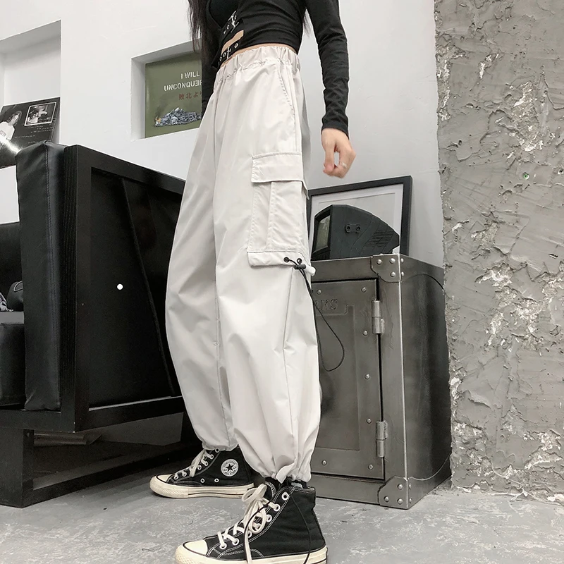 Женские свободные брюки с высокой талией армейские шаровары уличные черные