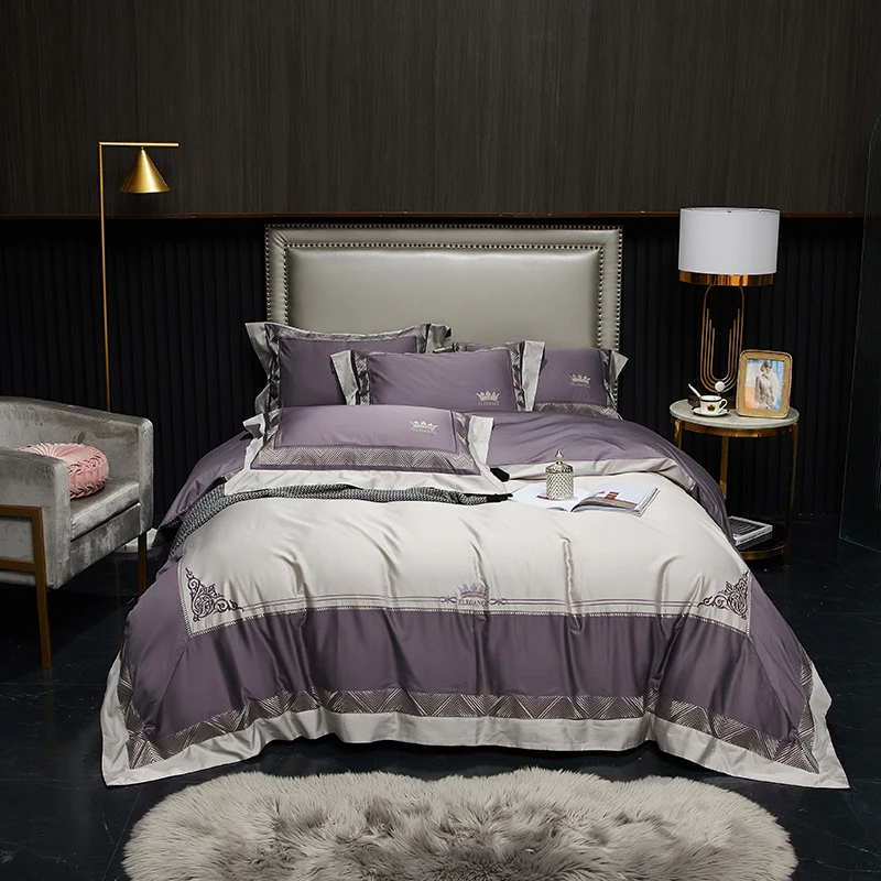 

1000TC cotton Bedding sets Queen King size embroidery Duvet cover Bed sheets/Elastic band fitted sheet linen set bed set